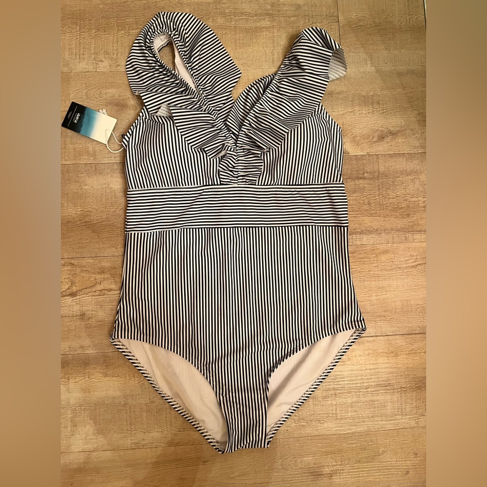 NWT Aava Striped Ruffle One Piece Swimsuit
